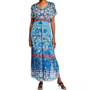 Johnny Was Blue Red Floral Chic Feminine Beach Summer Maxi Sun Dress Size Medium